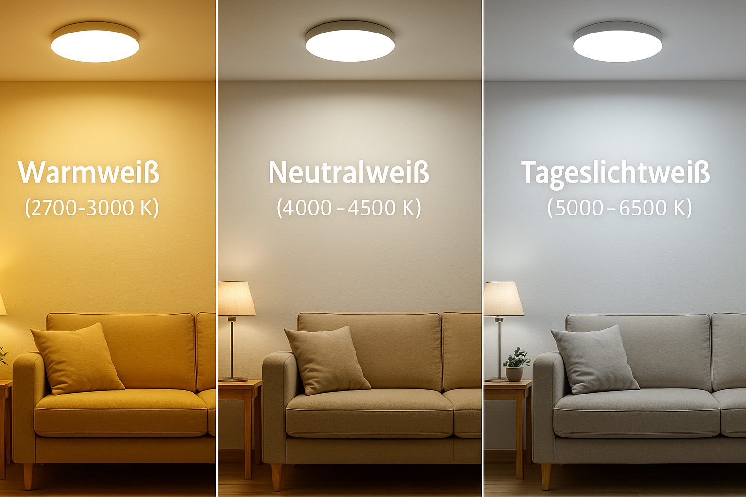 Bianco caldo vs bianco neutro vs bianco luce diurna — confronto in soggiorno